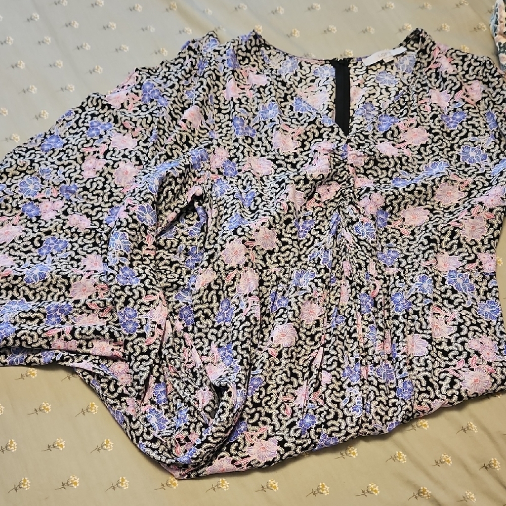LOFT Blue and Pink Ruffled Blouse with Mandarin Collar